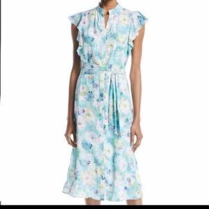 Catherine Malandrino Floral Midi Dress Large Ruffle Belted Pastel Blue Green